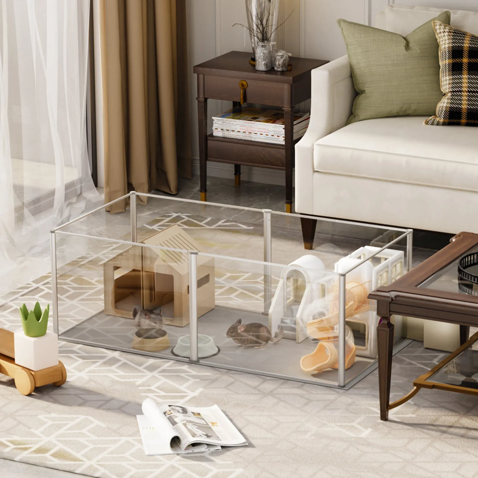 6 Panels Clear Acrylic Playpen Cage Small Animals Guinea Pig Hamster Yard Fence