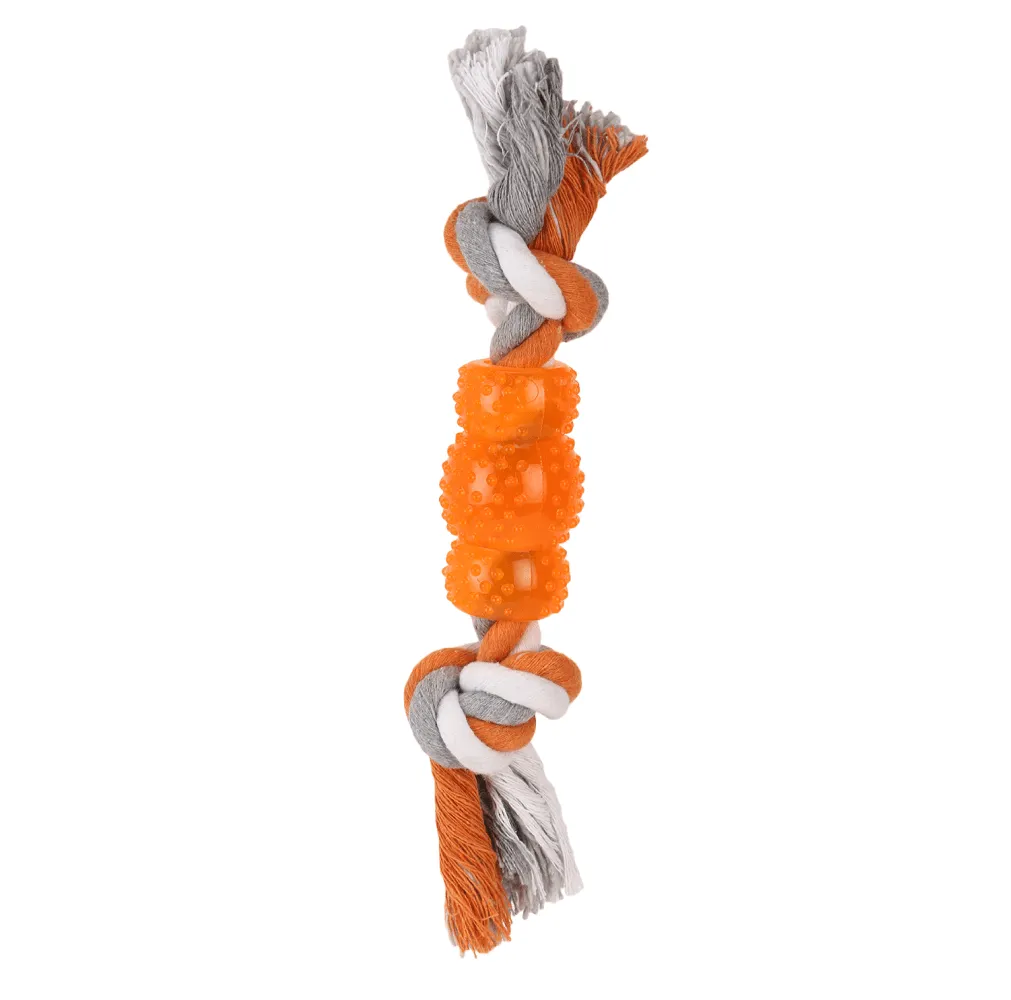 Basil Cotton Rope Rubber Chew Toy with Hard TPR Centre for Dogs (Orange)