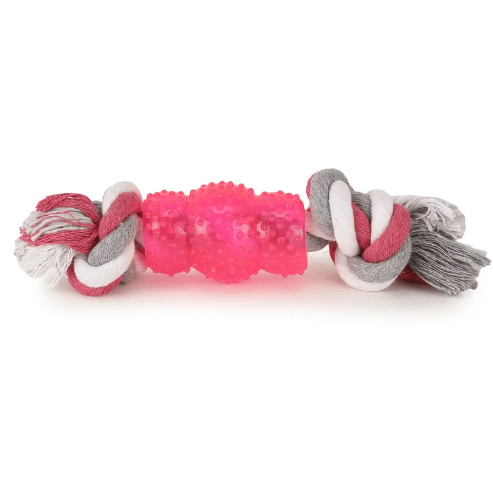 Basil Cotton Rope Rubber Chew Toy with Hard TPR Centre for Dogs (Pink)