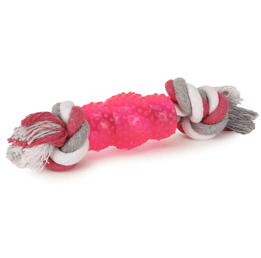 Basil Cotton Rope Rubber Chew Toy with Hard TPR Centre for Dogs (Pink)