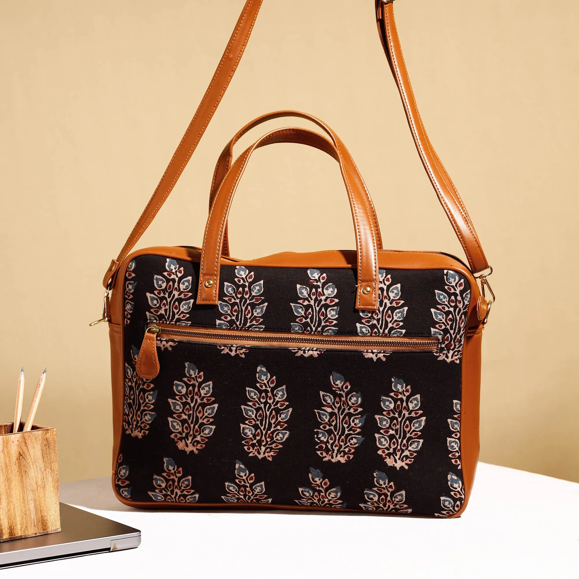 Black - Handcrafted Ajrakh Block Printed Cotton Laptop Bag (15 x 13 in)