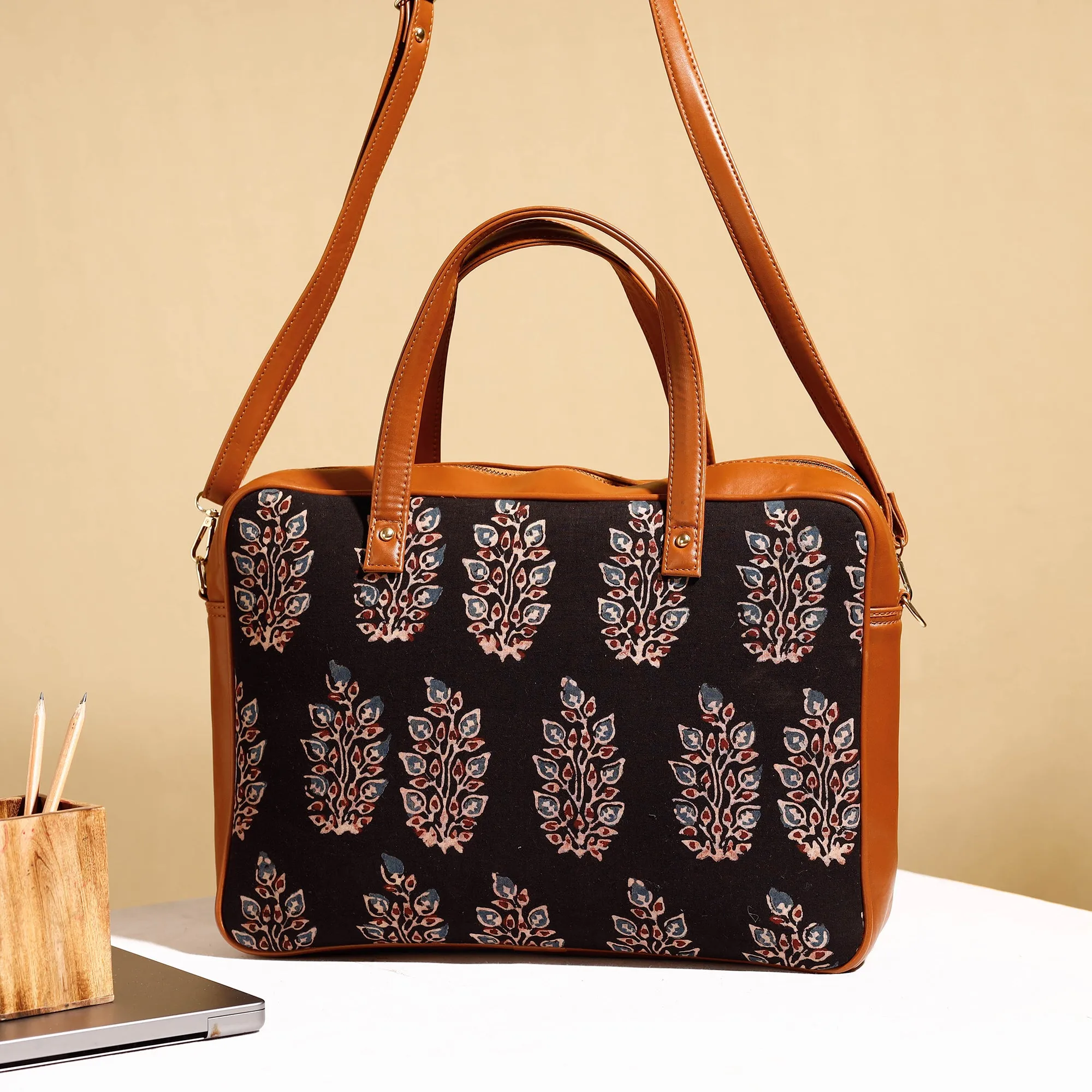 Black - Handcrafted Ajrakh Block Printed Cotton Laptop Bag (15 x 13 in)