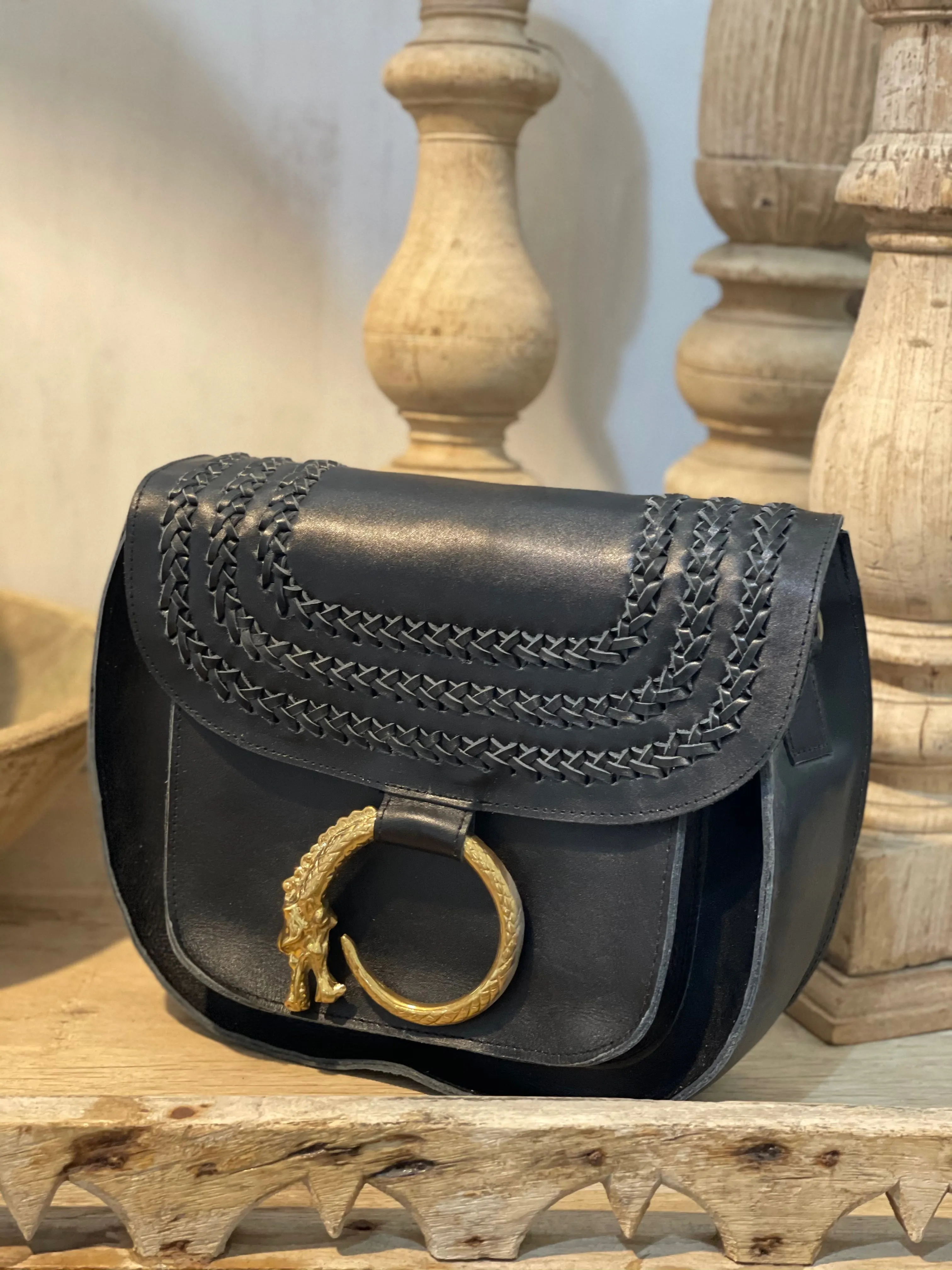 Black Leather Dragon Clasp Saddle Bag Large