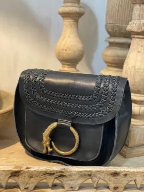 Black Leather Dragon Clasp Saddle Bag Large