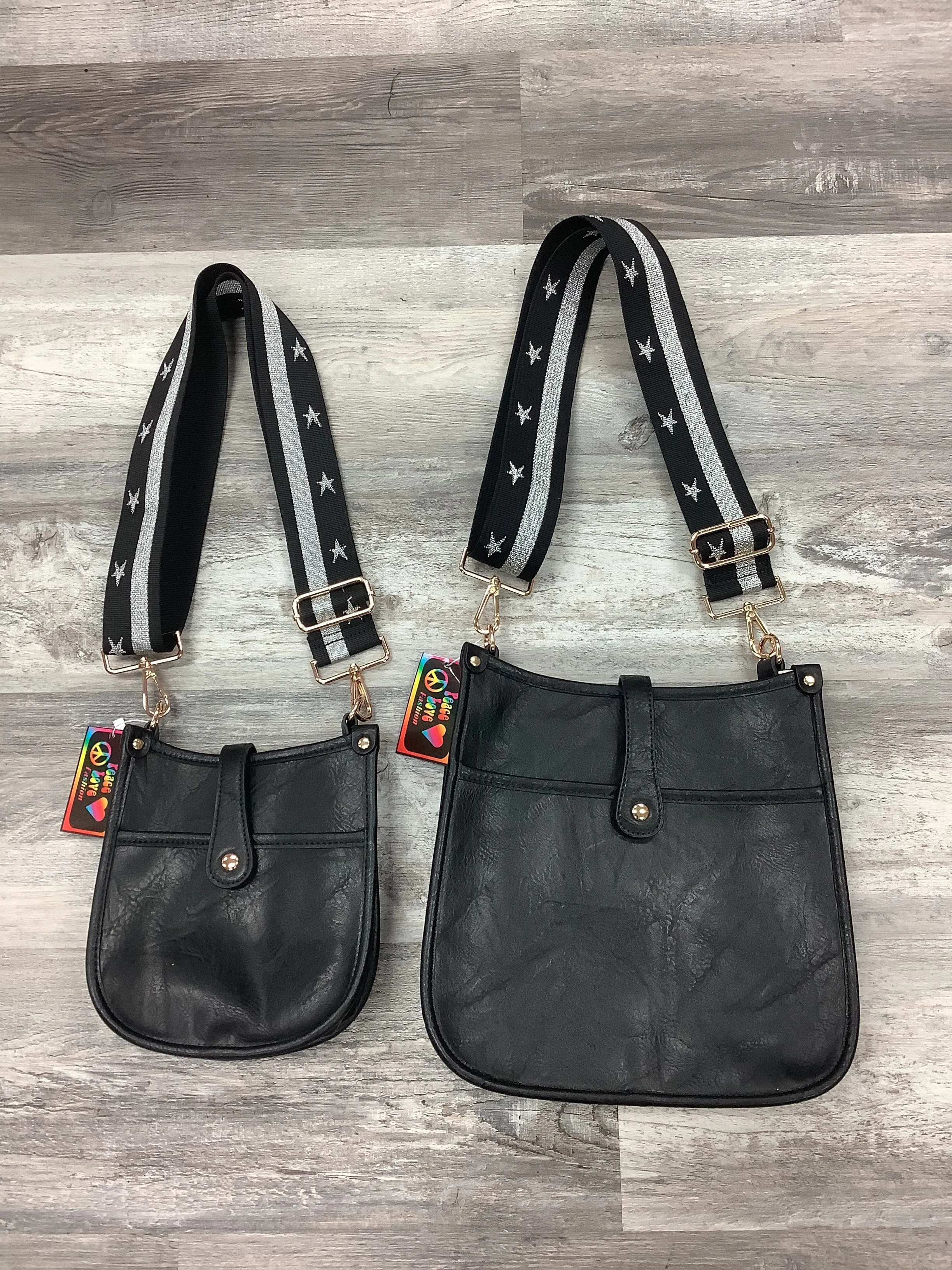 Black Mini Vegan Leather Messenger Bag w/ Adjustable Black & Silver Star Strap