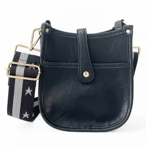 Black Mini Vegan Leather Messenger Bag w/ Adjustable Black & Silver Star Strap