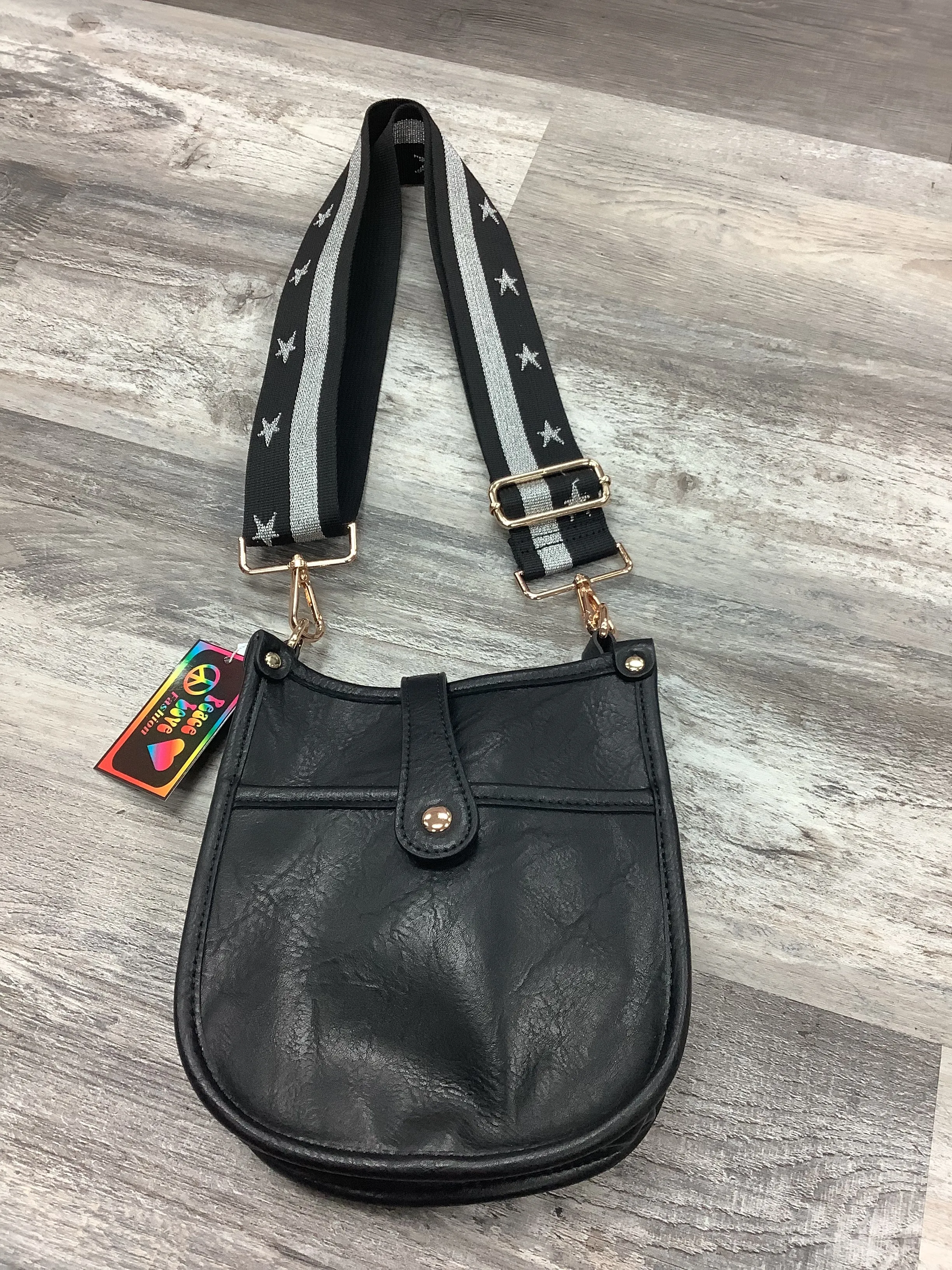Black Mini Vegan Leather Messenger Bag w/ Adjustable Black & Silver Star Strap