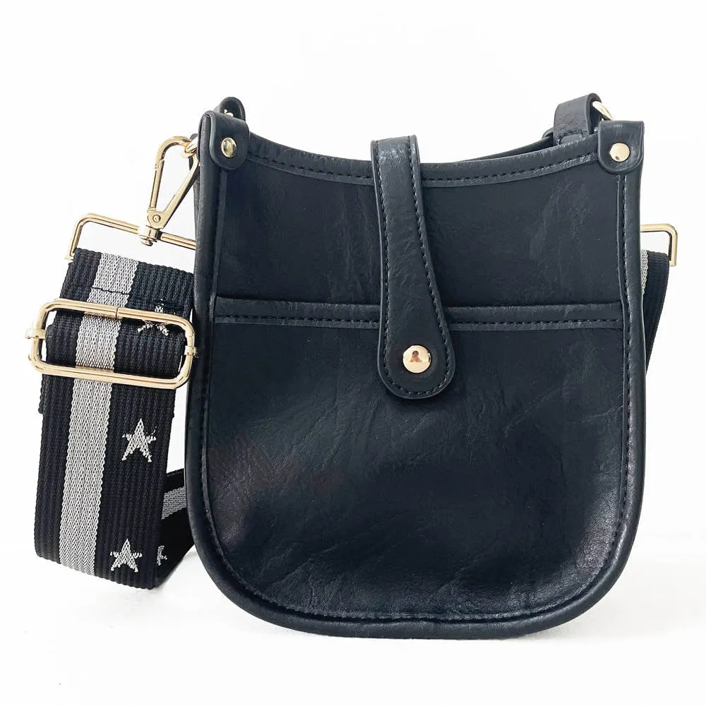 Black Mini Vegan Leather Messenger Bag w/ Adjustable Black & Silver Star Strap