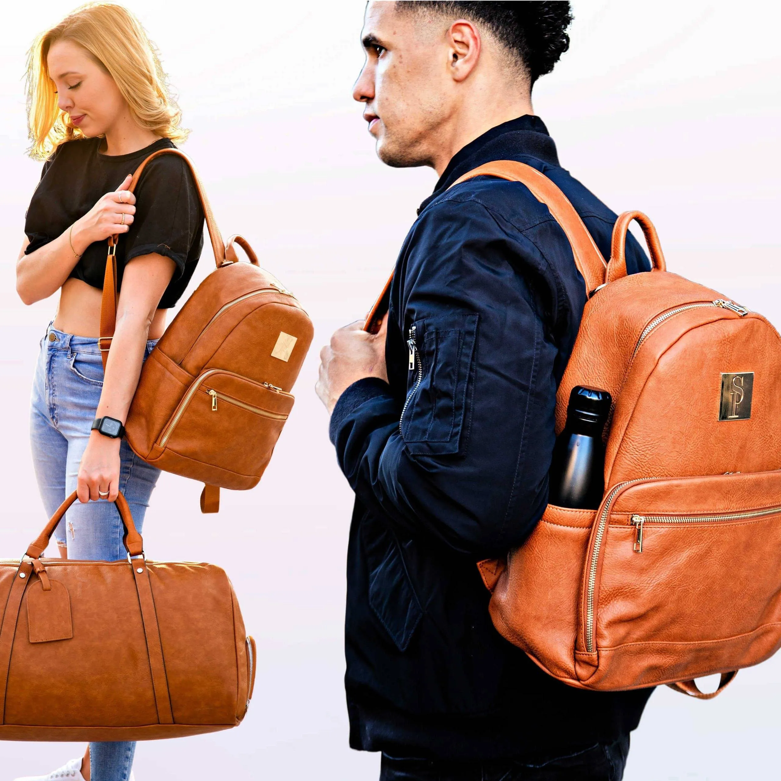 Brown Leather Carrier and Duffle Bag Set