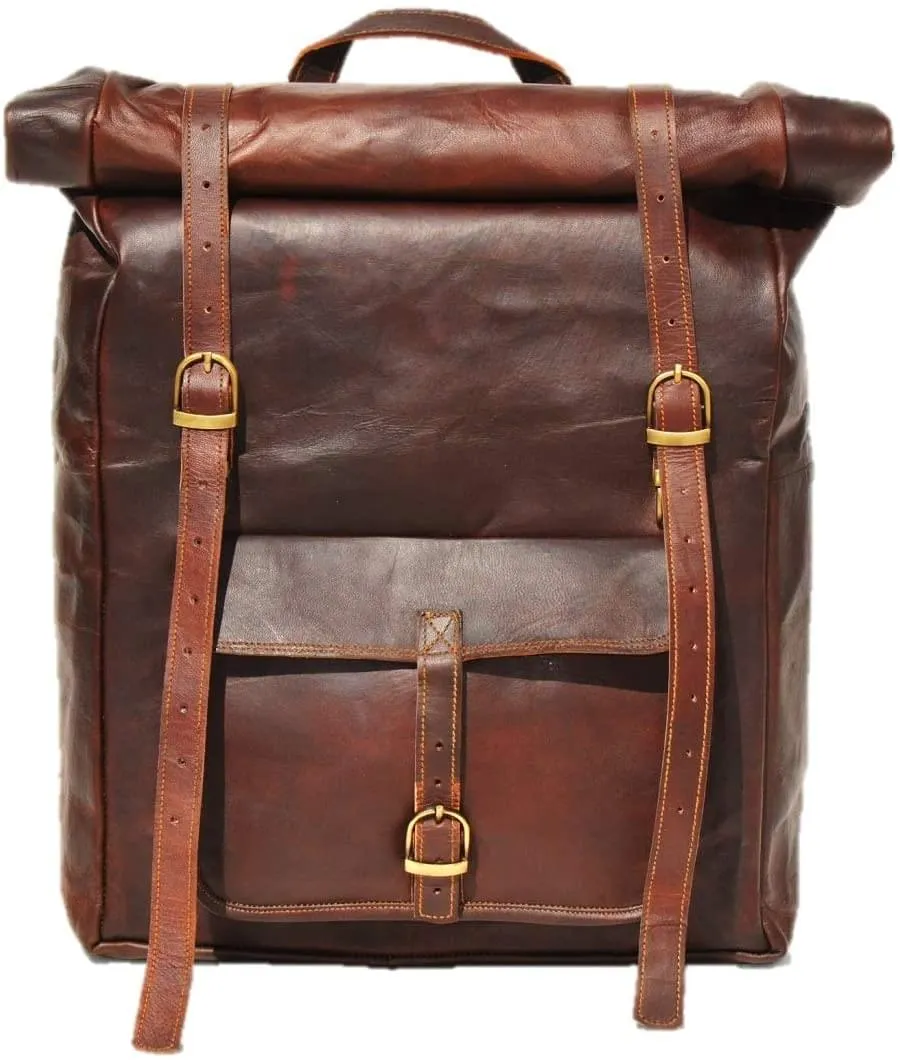 Brown Leather Roll On Backpack