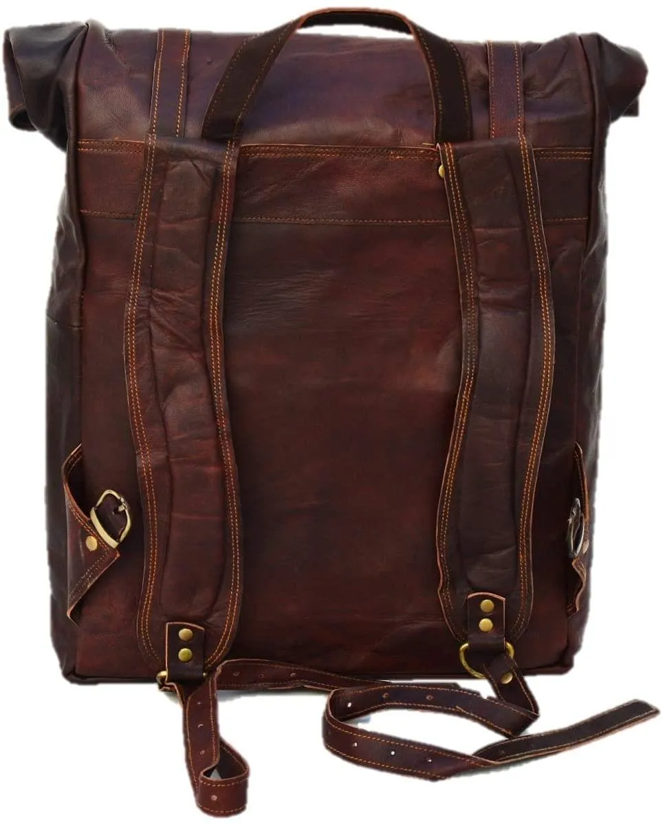 Brown Leather Roll On Backpack