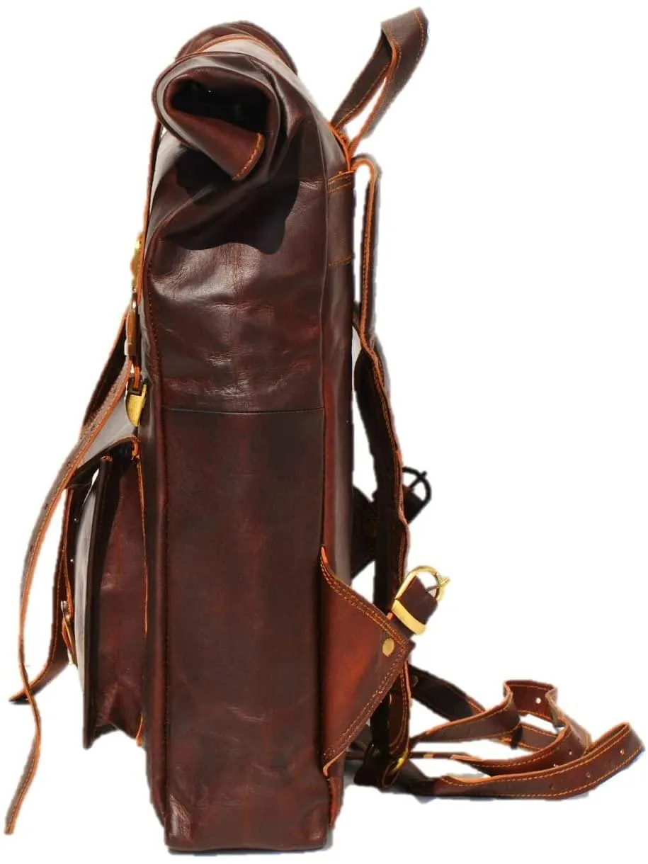 Brown Leather Roll On Backpack