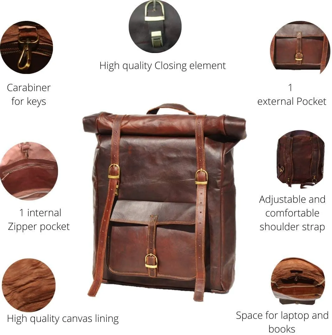 Brown Leather Roll On Backpack