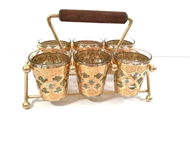 Culver Mid-Century Valencia Shot Glasses with Atomic Carrier (Set of 6)