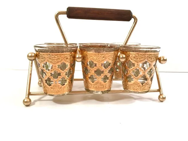Culver Mid-Century Valencia Shot Glasses with Atomic Carrier (Set of 6)