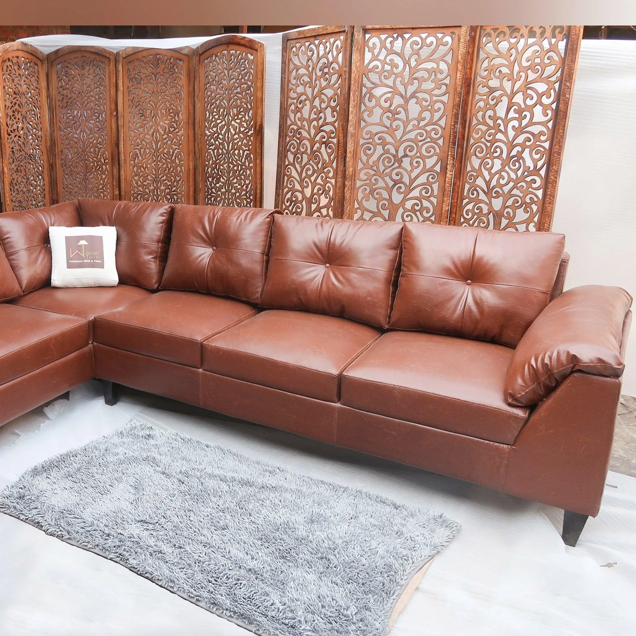 Elizalina 6 Seater LHS Corner L Shape Sofa In Brown Leatherette