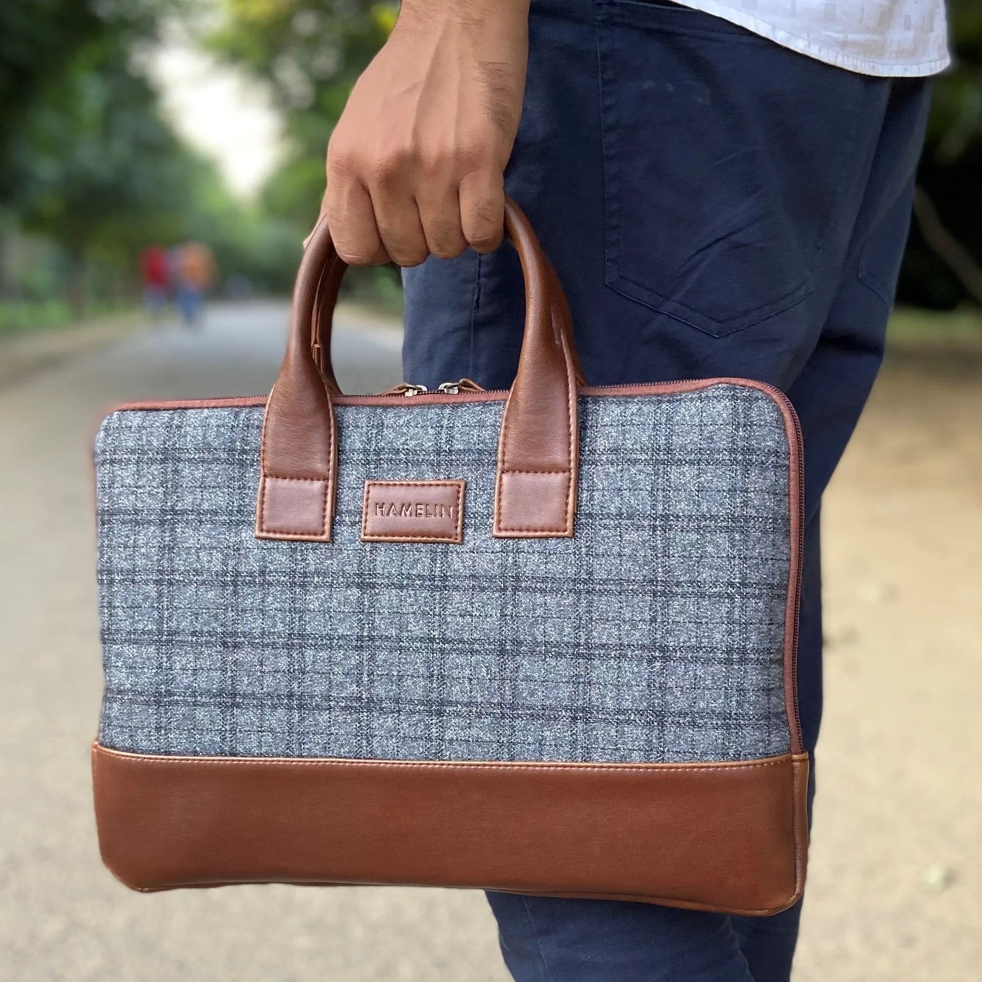 Elon Laptop Sleeve - Grey Overcheck Twill - SAMPLE SALE