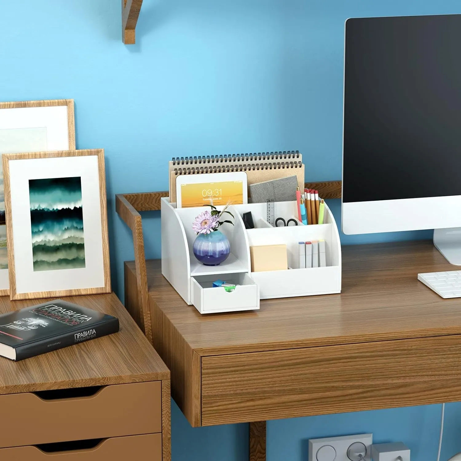 FEMELI Office Desk Organizer and Accessaries,Acrylic Desk Organizer with 8 Compartments  1 Drawer(White)