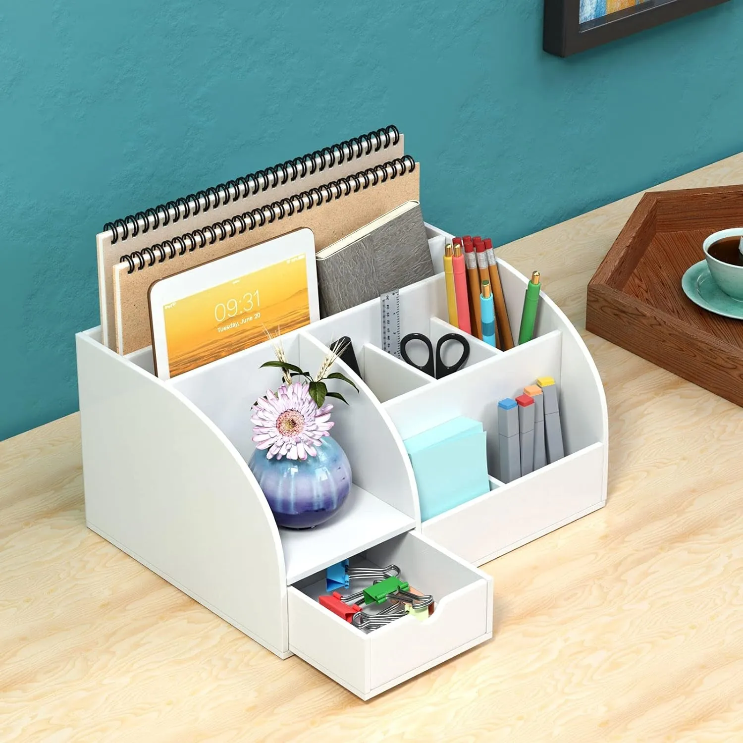 FEMELI Office Desk Organizer and Accessaries,Acrylic Desk Organizer with 8 Compartments  1 Drawer(White)