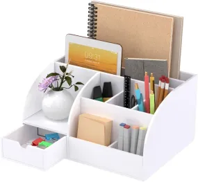 FEMELI Office Desk Organizer and Accessaries,Acrylic Desk Organizer with 8 Compartments  1 Drawer(White)