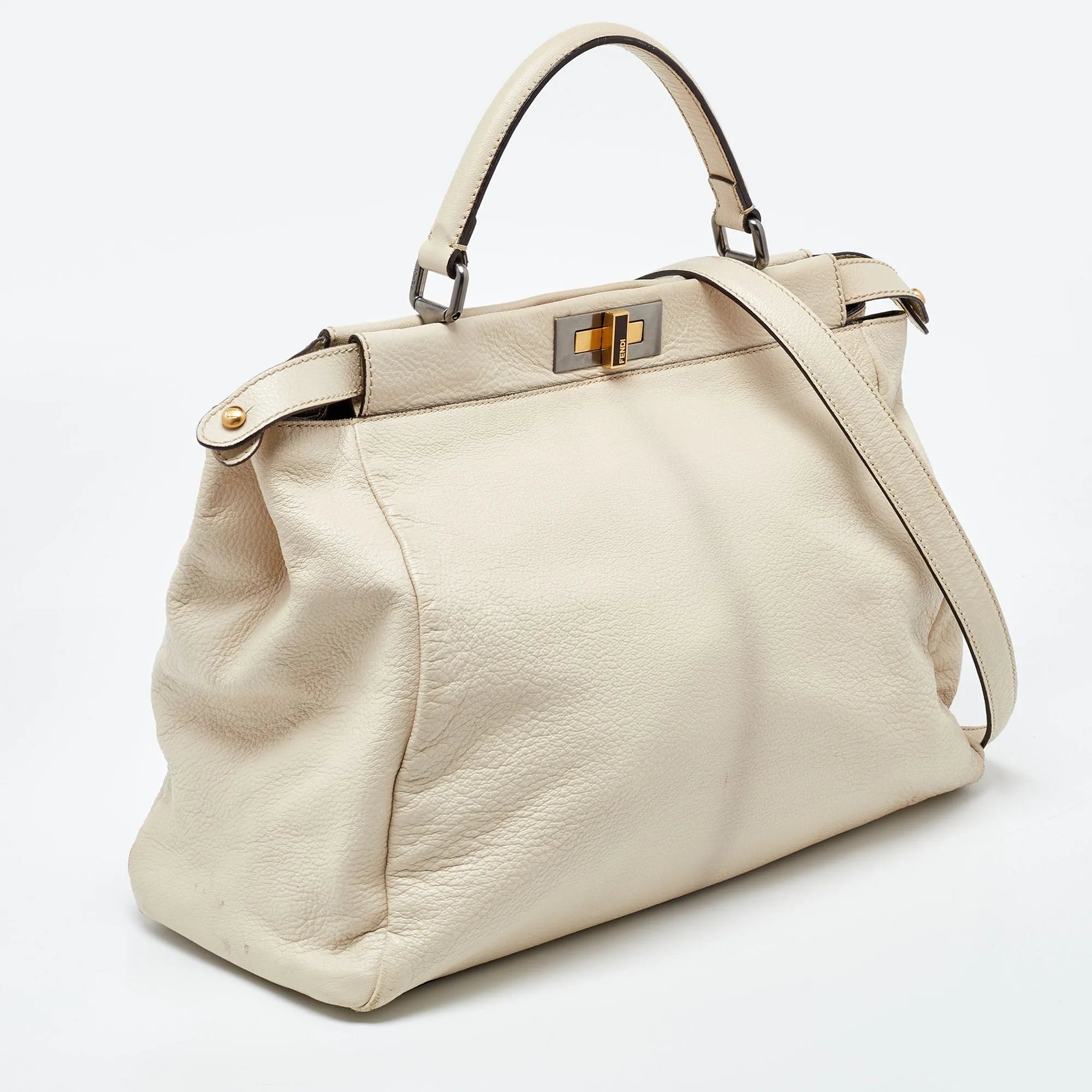 Fendi Beige Leather Large Peekaboo Top Handle Bag