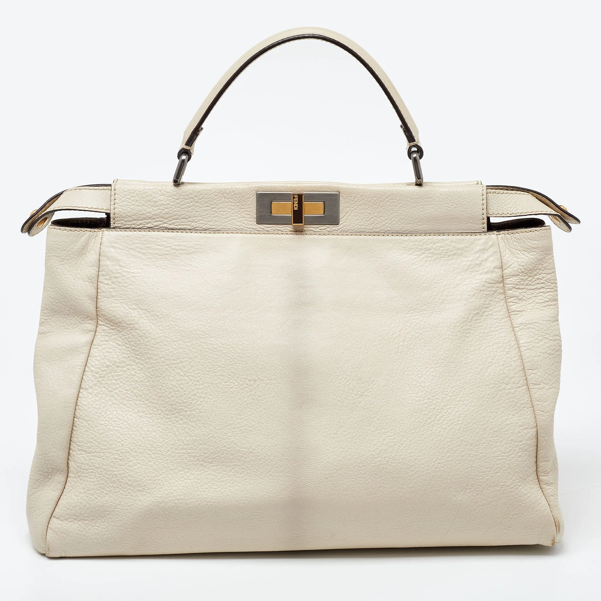Fendi Beige Leather Large Peekaboo Top Handle Bag
