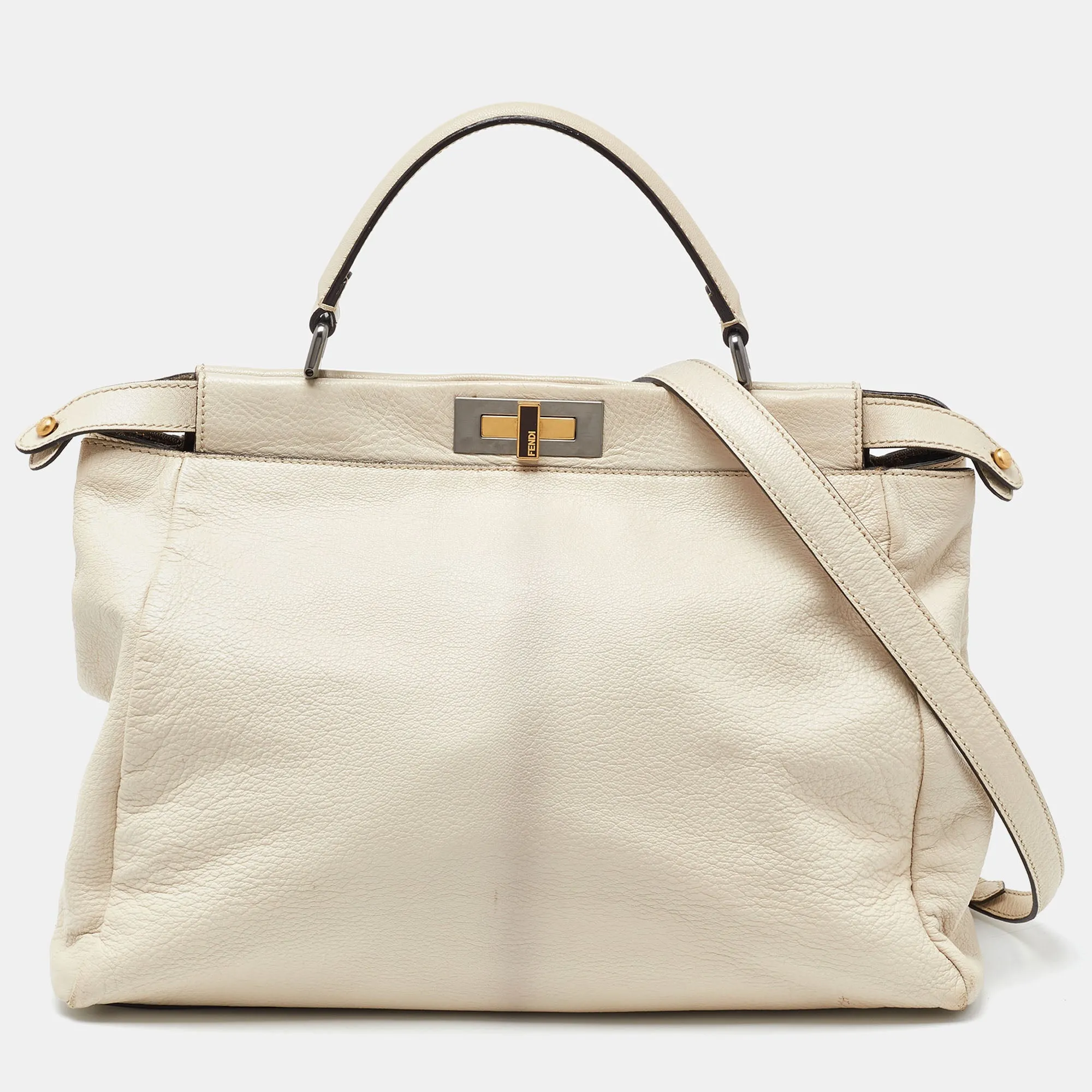 Fendi Beige Leather Large Peekaboo Top Handle Bag