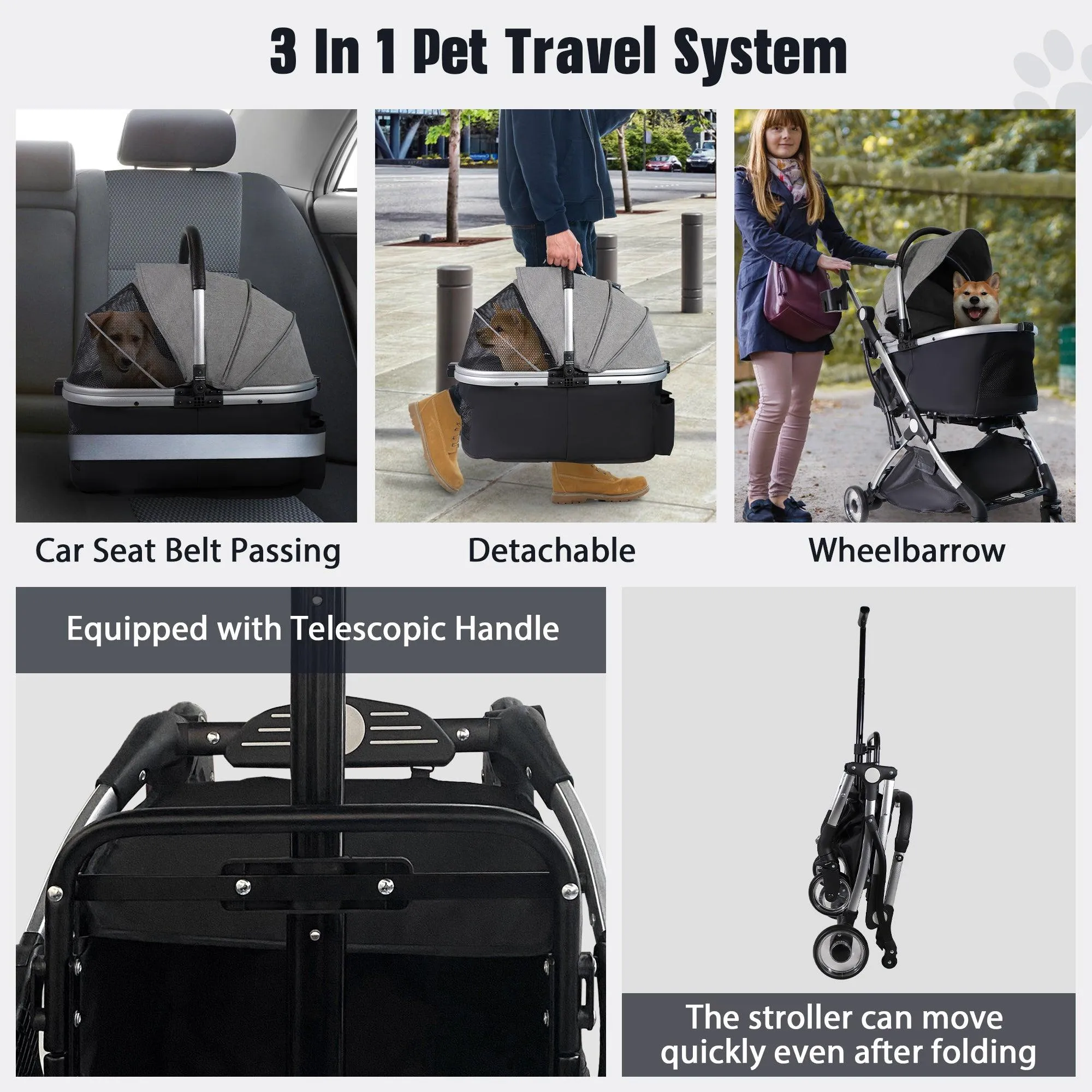 Foldable Pet Stroller 3 in 1 Design Detachable Carrier Telescopic Handle Aluminum Alloy Frame Up to 33 lbs Capacity Gray