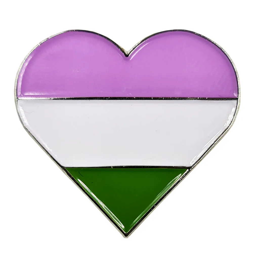 Genderqueer Flag Silver Metal Heart Lapel Pin Badge