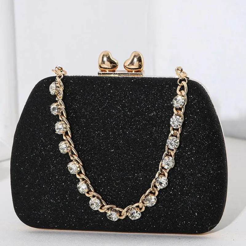 Glittery Black Small Square Celebrity Clutchbag with Diamond Chain Handheld