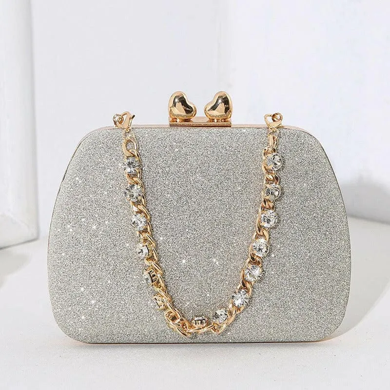Glittery Black Small Square Celebrity Clutchbag with Diamond Chain Handheld