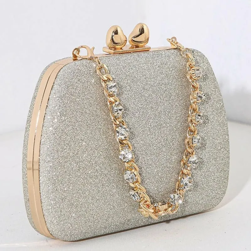 Glittery Black Small Square Celebrity Clutchbag with Diamond Chain Handheld
