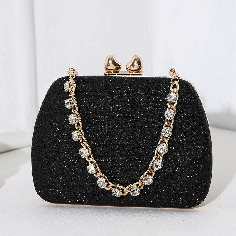 Glittery Black Small Square Celebrity Clutchbag with Diamond Chain Handheld