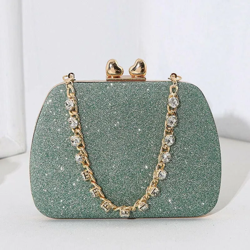 Glittery Black Small Square Celebrity Clutchbag with Diamond Chain Handheld