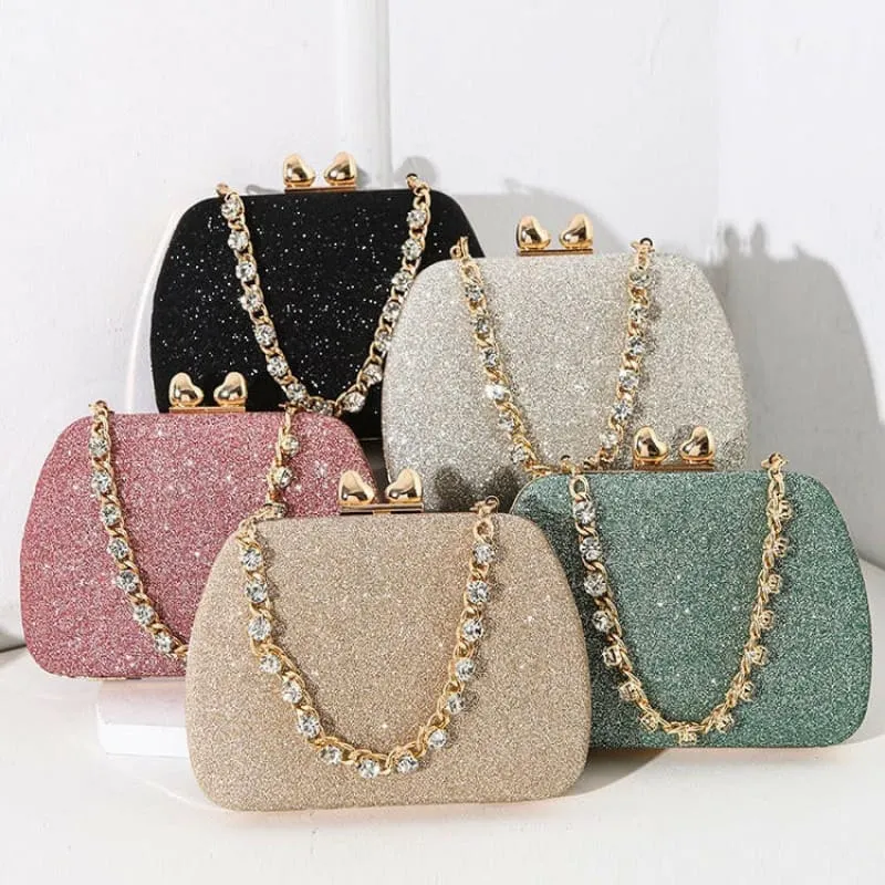 Glittery Black Small Square Celebrity Clutchbag with Diamond Chain Handheld