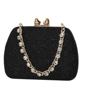 Glittery Black Small Square Celebrity Clutchbag with Diamond Chain Handheld