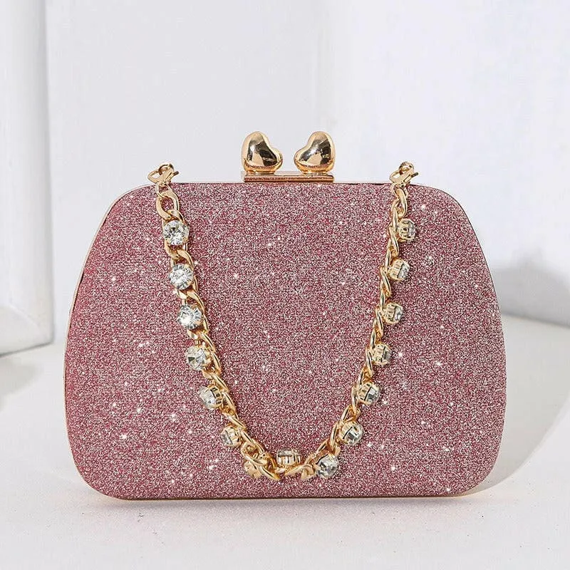 Glittery Black Small Square Celebrity Clutchbag with Diamond Chain Handheld