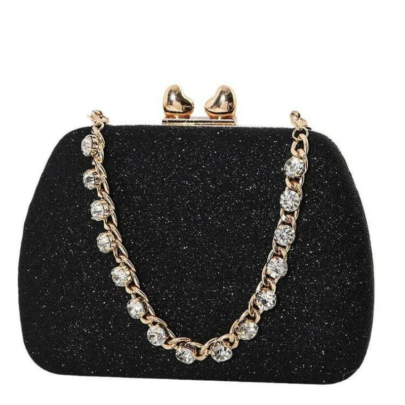 Glittery Black Small Square Celebrity Clutchbag with Diamond Chain Handheld