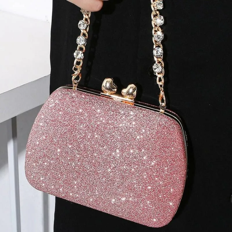 Glittery Black Small Square Celebrity Clutchbag with Diamond Chain Handheld