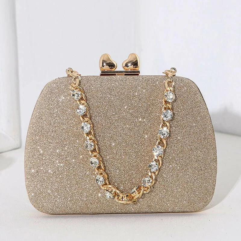 Glittery Black Small Square Celebrity Clutchbag with Diamond Chain Handheld