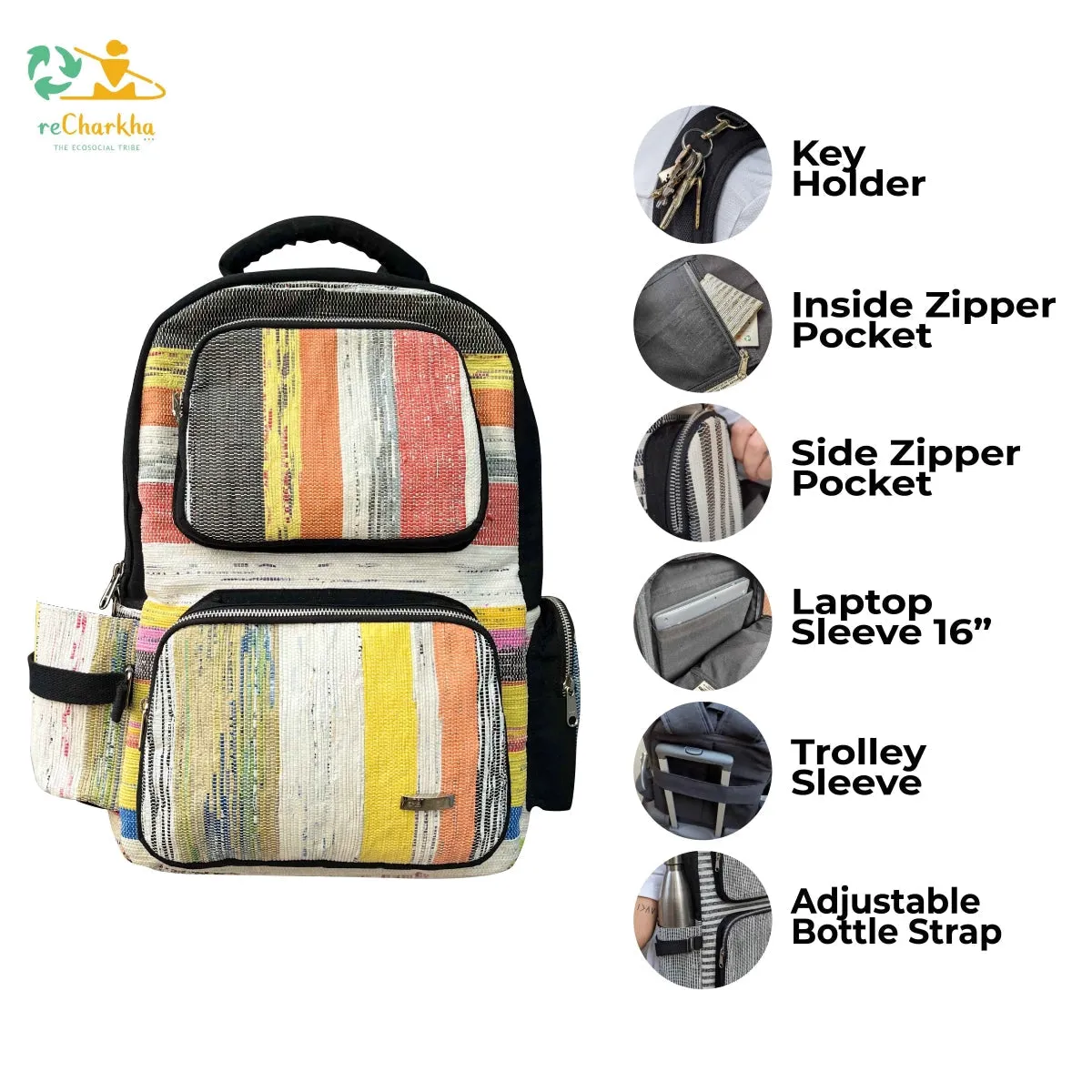 Golden Shimmery White Striped Upcycled Handwoven Commuter Backpack (CBP0824-012) PS_W