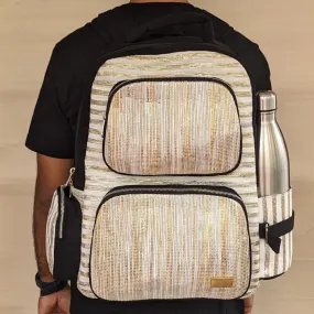 Golden Shimmery White Striped Upcycled Handwoven Commuter Backpack (CBP0824-012) PS_W