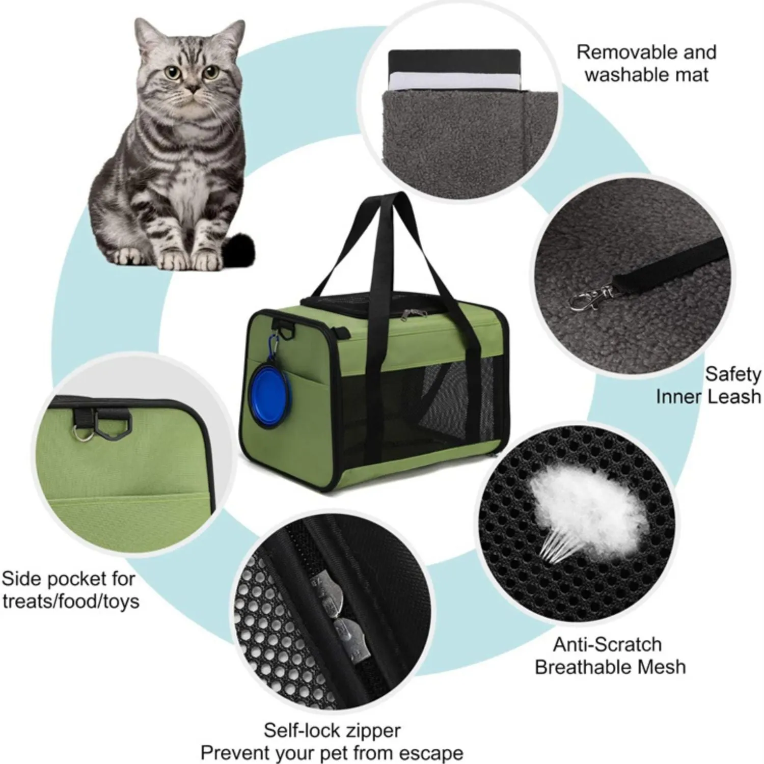 Green L-Size Portable Pet Carrier with Mesh Windows