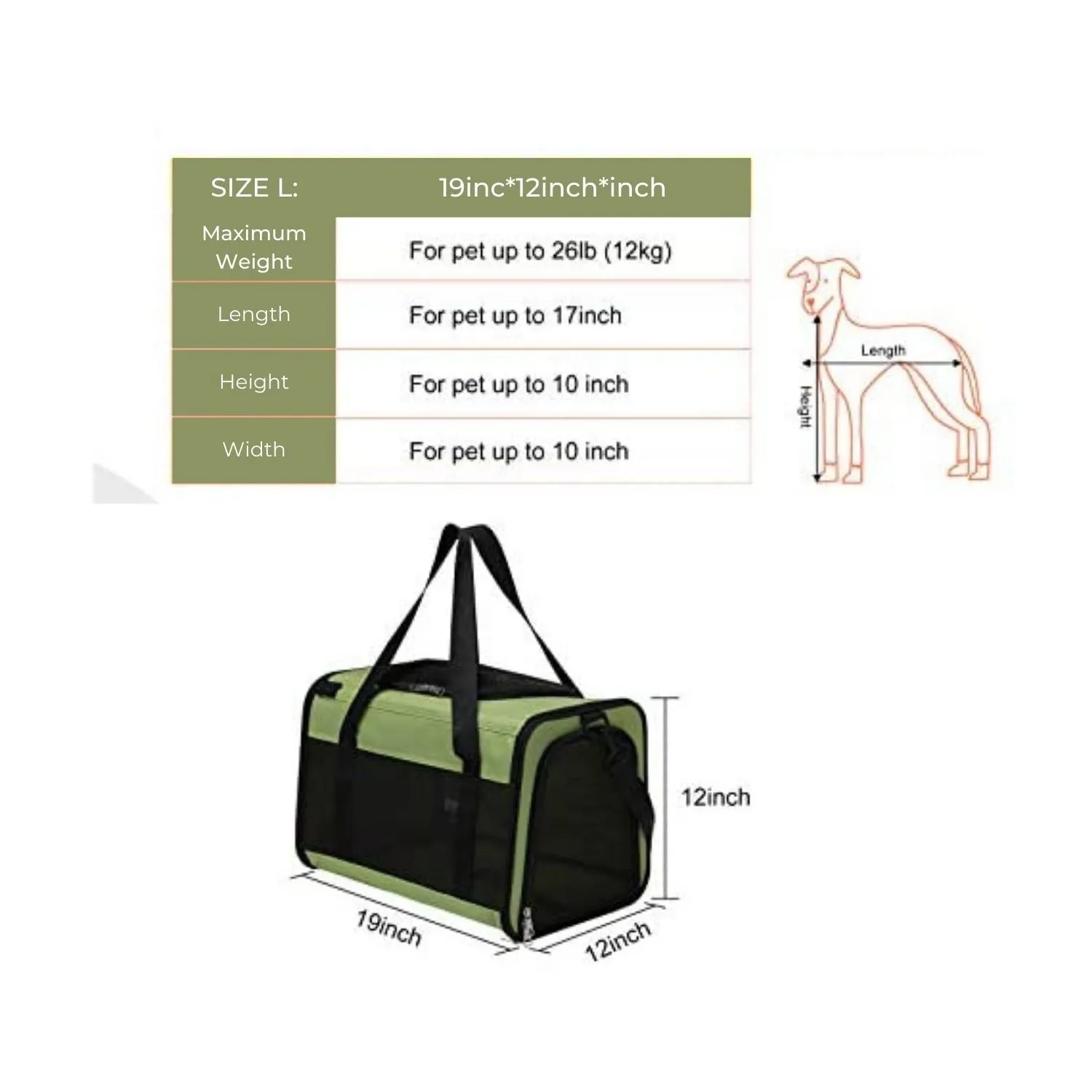 Green L-Size Portable Pet Carrier with Mesh Windows