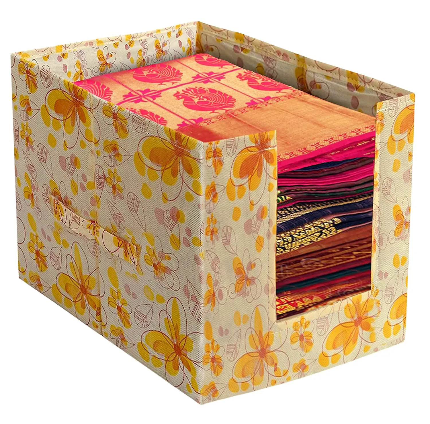Heart Home Flower Printed Multiuses Non-Woven Closet Organizer With Handles- Pack of 2 (Yellow) -HS43HEARTH26479