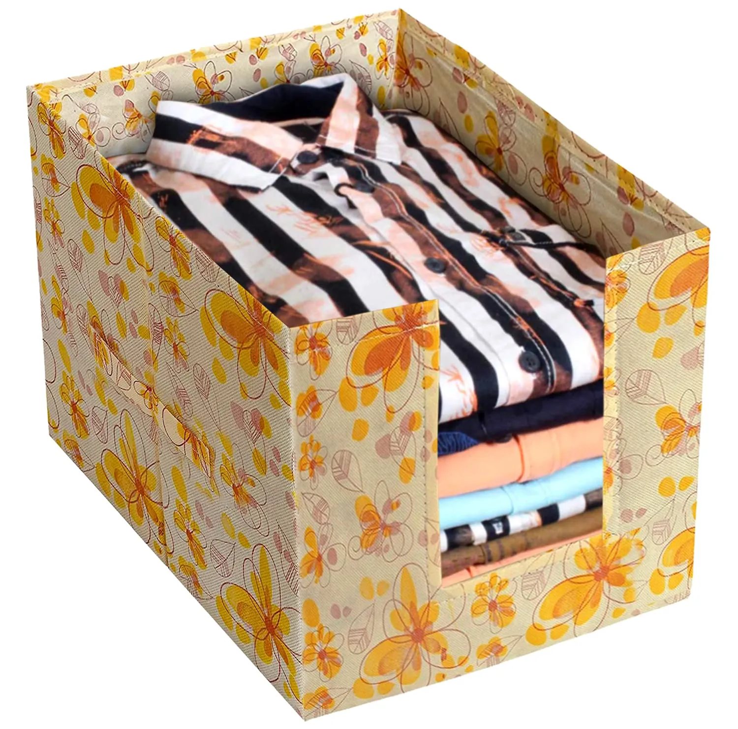 Heart Home Flower Printed Multiuses Non-Woven Closet Organizer With Handles- Pack of 2 (Yellow) -HS43HEARTH26479