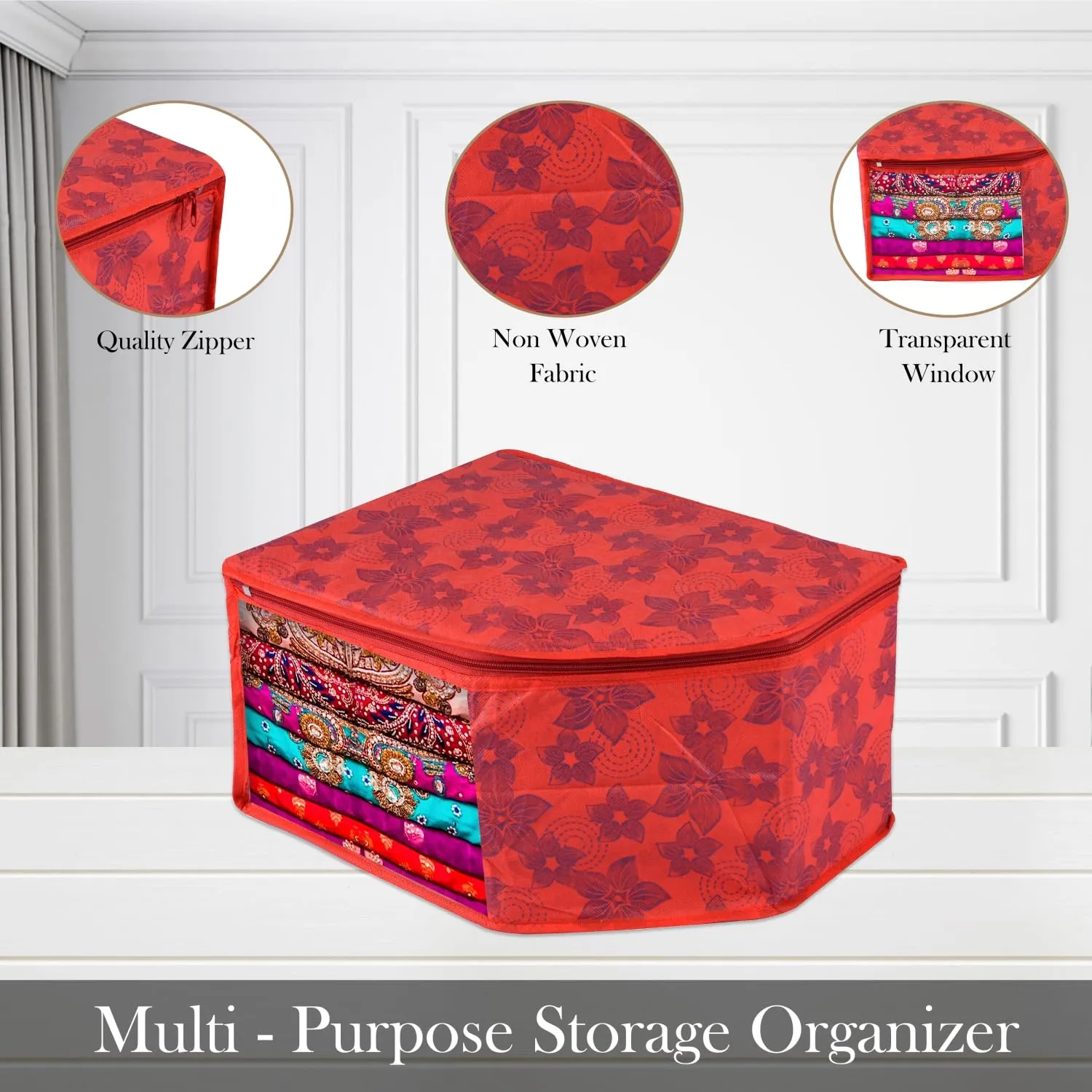 Kuber Industries Blouse Cover | Clothes Storage Bag | Zipper Wardrobe Organizers | Non-Woven Clothes Organiser | Side Transparent Blouse Organizer | New Flower-Design | Pack of 12 | Red