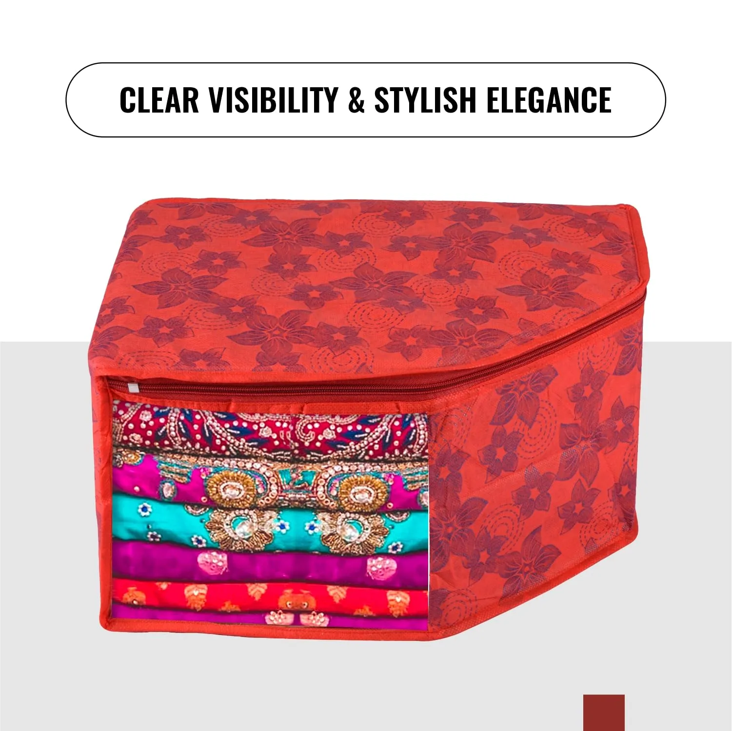 Kuber Industries Blouse Cover | Clothes Storage Bag | Zipper Wardrobe Organizers | Non-Woven Clothes Organiser | Side Transparent Blouse Organizer | New Flower-Design | Pack of 12 | Red