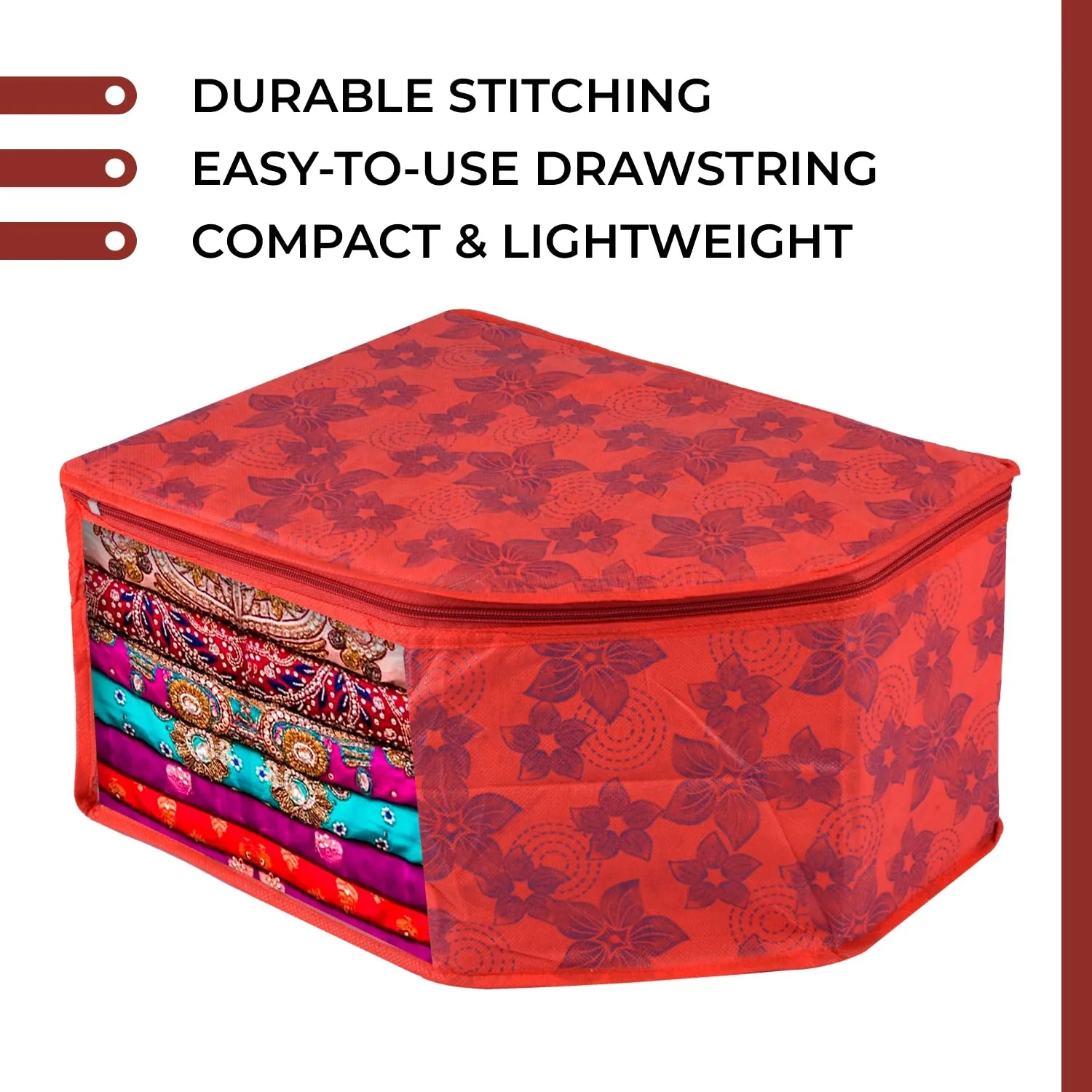 Kuber Industries Blouse Cover | Clothes Storage Bag | Zipper Wardrobe Organizers | Non-Woven Clothes Organiser | Side Transparent Blouse Organizer | New Flower-Design | Pack of 12 | Red