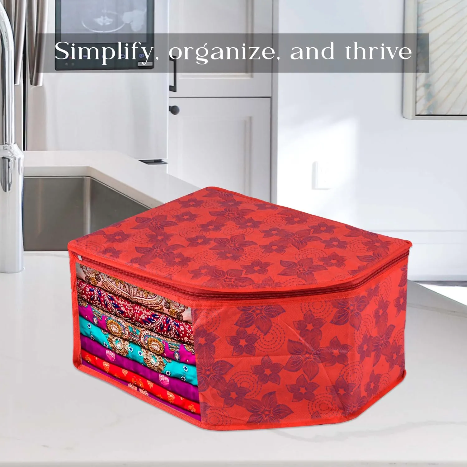 Kuber Industries Blouse Cover | Clothes Storage Bag | Zipper Wardrobe Organizers | Non-Woven Clothes Organiser | Side Transparent Blouse Organizer | New Flower-Design | Pack of 12 | Red
